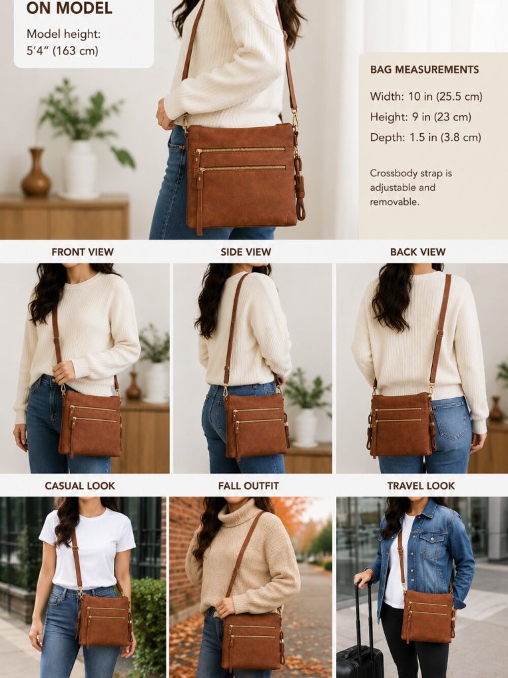 NWT Brentano Brown Crossbody Bag Double Zip Vegan Leather Multi Pocket Purse